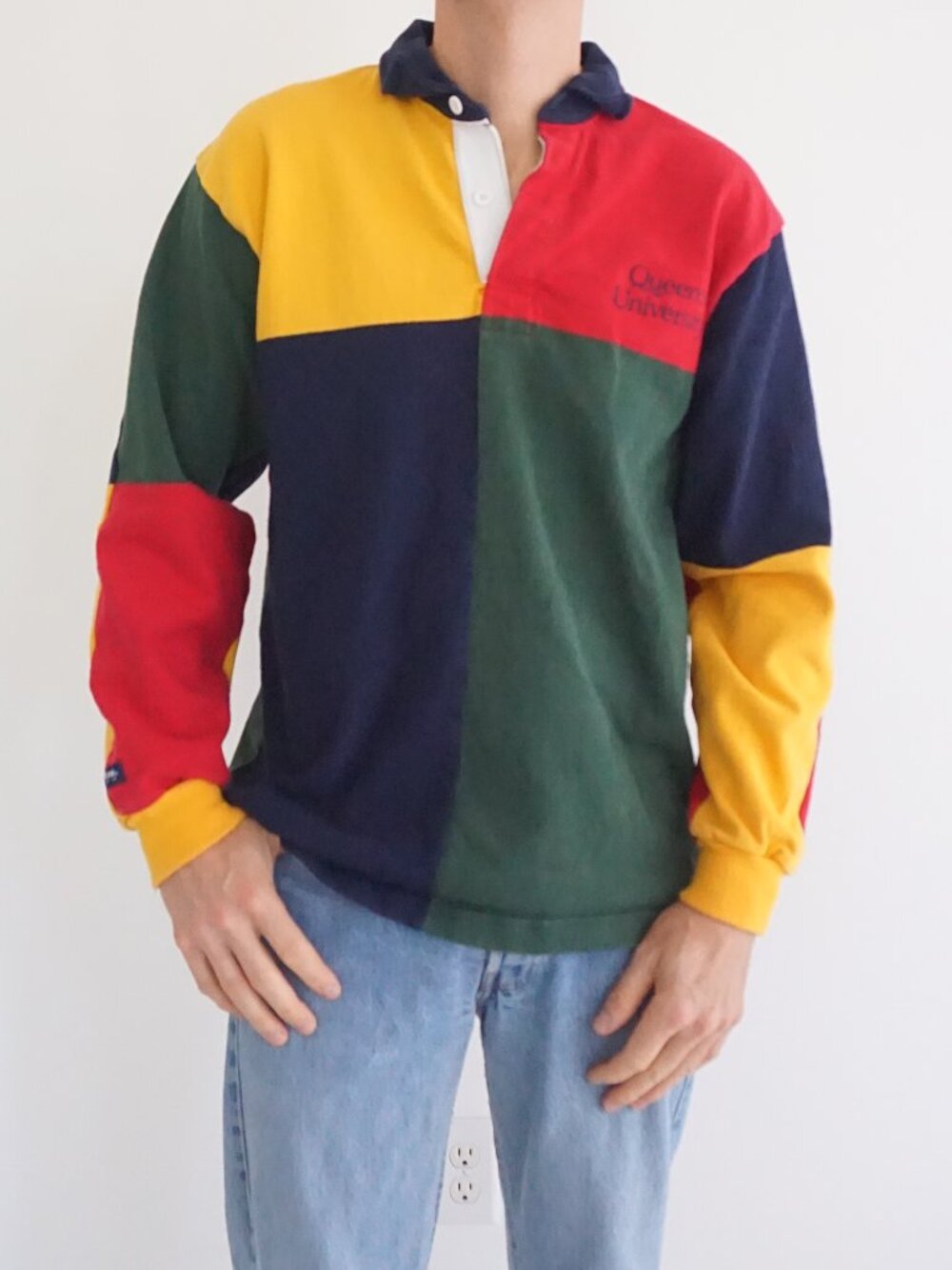 Barbarian Gold Forest Navy Colorblock Queen's University Collegiate Rugby Polo M